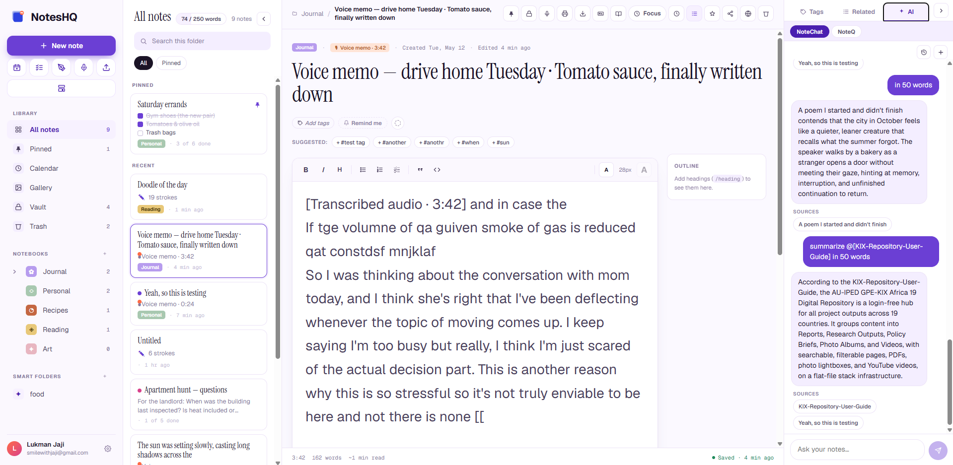 NotesHQ web — NoteChat AI panel with cited answers and source chips