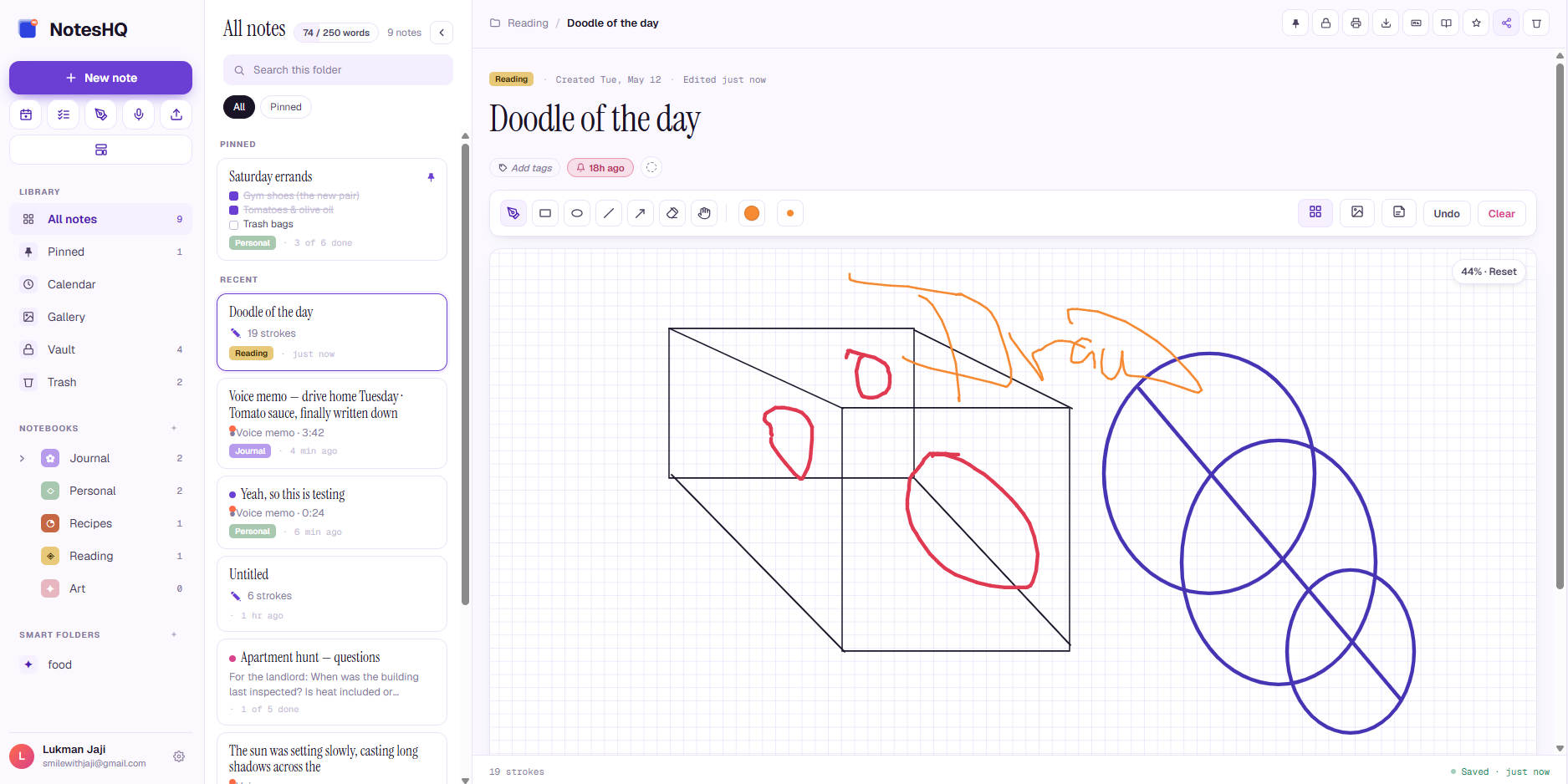 NotesHQ web — freehand canvas note titled “Doodle of the day” with shapes