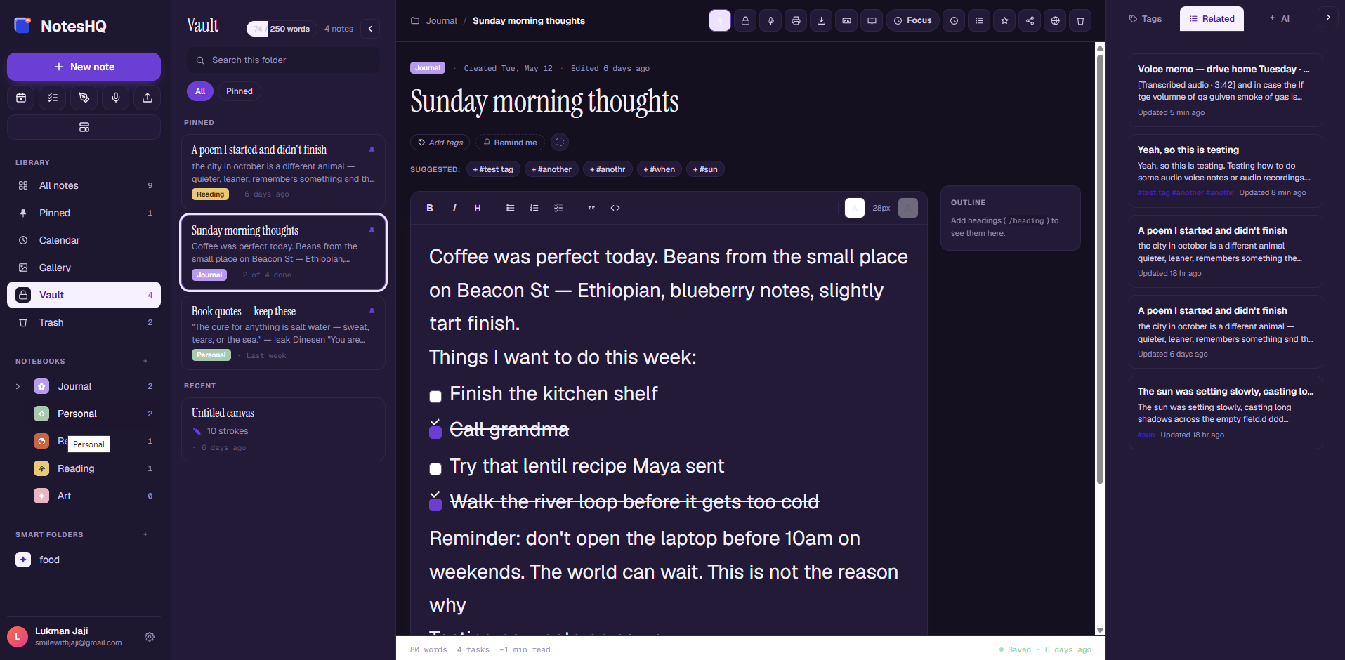 NotesHQ web — Vault view in dark mode with the Related panel open