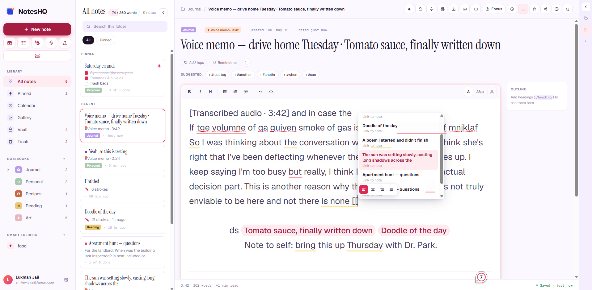 NotesHQ web — voice-memo note with suggested tags, alignment toolbar, and the backlink popover